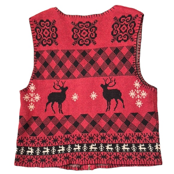 Vintage Woolrich Christmas Deer Buffalo Check Snowflake Red Black Zip Up Vest M - Picture 2 of 9